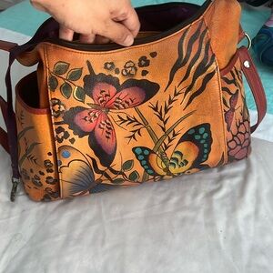 Anuschka Butterflies Hand Painted Leather Boho Crossbody Bag